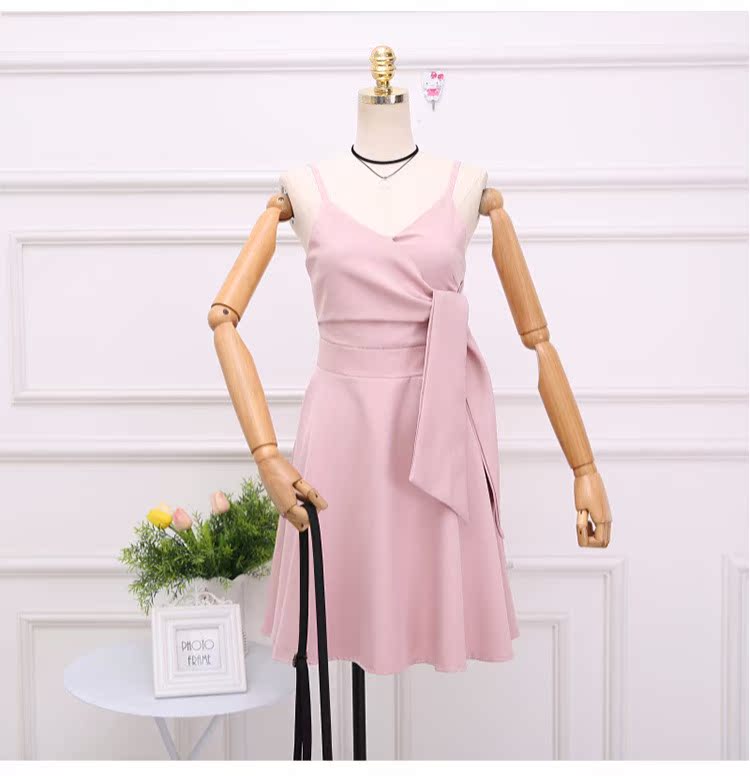 Mùa hè 2018 mới của Hàn Quốc thời trang hoang dã rắn màu v-cổ sling eo thon gọn váy ren ngắn đầm nhún eo