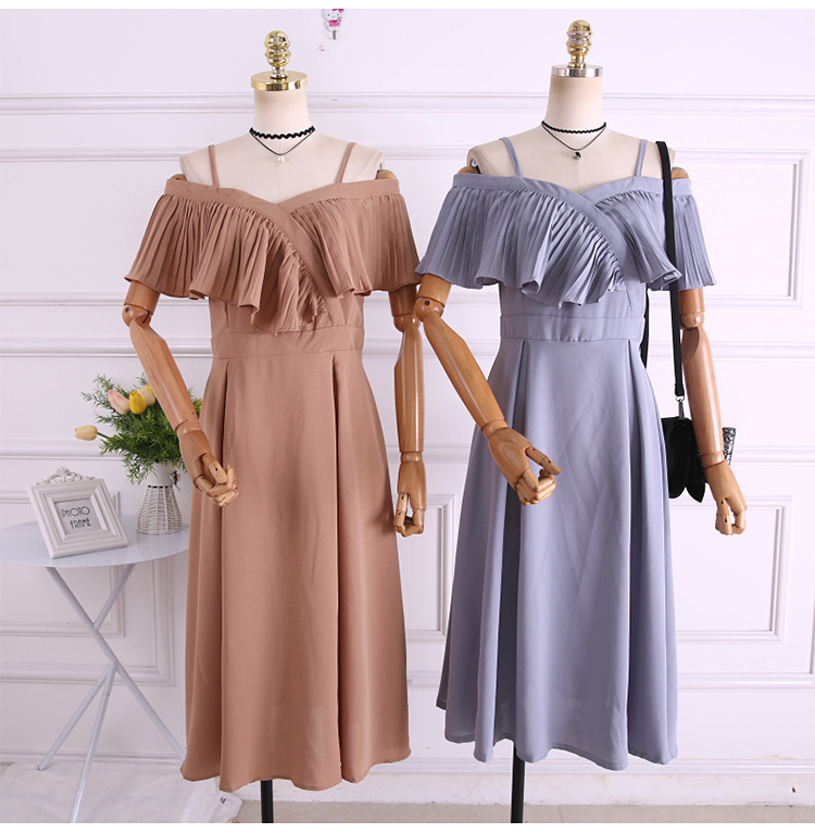 Mùa hè 2018 phiên bản Hàn Quốc của những quý cô khí chất mới xếp li quây từ cổ áo sling trong chiếc áo dài nữ 	váy hạ eo	