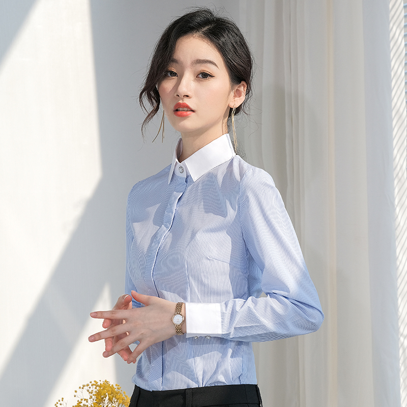 Blue Striped Long-Sleeved Shirt for Women, Autumn Slim-Fit Elegant Bank Work Shirt, Professional Formal Workwear, Cotton Blue Striped Long-Sleeved Shirt for Women, Autumn Slim-Fit Elegant Bank Work Shirt, Professional Formal Workwear, Cotton