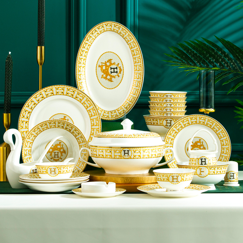 Jingdezhen Hermes Bone China Tableware Set Bowls and Plates Home Combination Simple High-End Nordic Gold-Rimmed Housewarming Dishes Jingdezhen Hermes Bone China Tableware Set Bowls and Plates Home Combination Simple High-End Nordic Gold-Rimmed Housewarming Dishes
