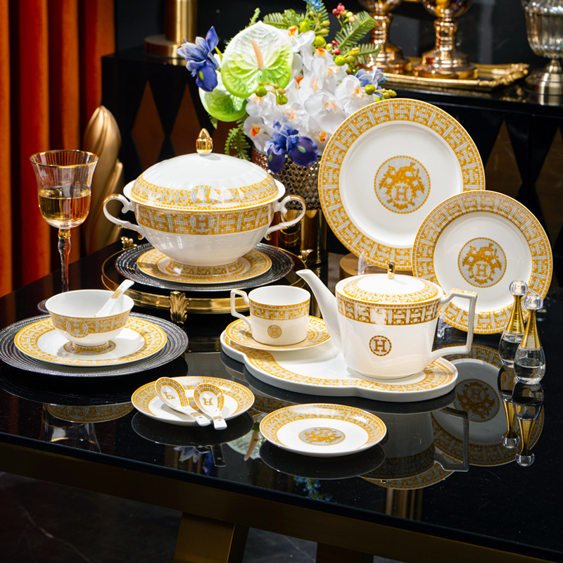 Underglaze Gold-Rimmed Bone China Bowl and Plate Set for Home Use, Jingdezhen Ceramic Dining Bowl and Plate Combination, Noodle Bowl, Hermès Tableware