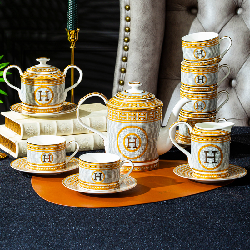 Hermès Tableware Set Nordic Afternoon Tea Coffee Set Trendy Gold High-End Bone China Luxury Gift