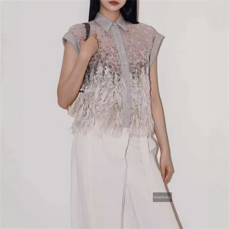 Honglishang European and American Fashion Summer New Style Street Elegant Embroidered Sequin Feather Silk Shirt