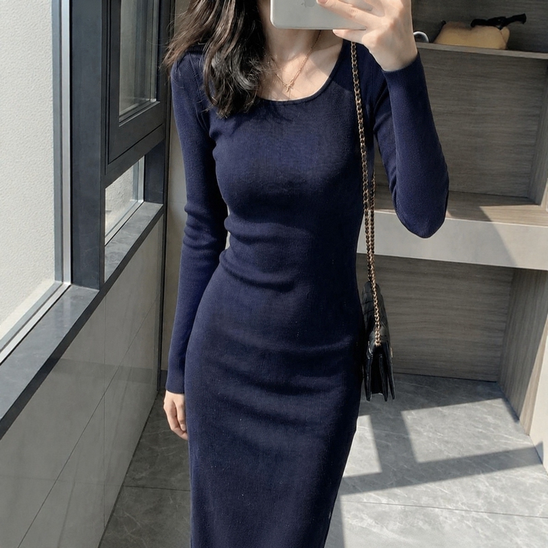 Knitted Dress for Women in Autumn and Winter, Navy Blue, Slim Fit, Inner Layer, Hip-Hugging, Mid-Length, High-End, Elegant Long Skirt