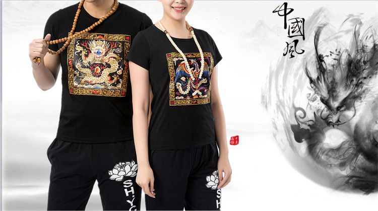 Trung quốc phong cách robes thêu ngắn tay t-shirt nam giới và phụ nữ Triều Đại Nhà Thanh quần áo chính thức cotton vòng cổ lỏng kích thước lớn vài nửa tay áo triều