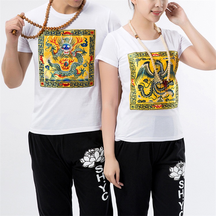 Trung quốc phong cách robes thêu ngắn tay t-shirt nam giới và phụ nữ Triều Đại Nhà Thanh quần áo chính thức cotton vòng cổ lỏng kích thước lớn vài nửa tay áo triều