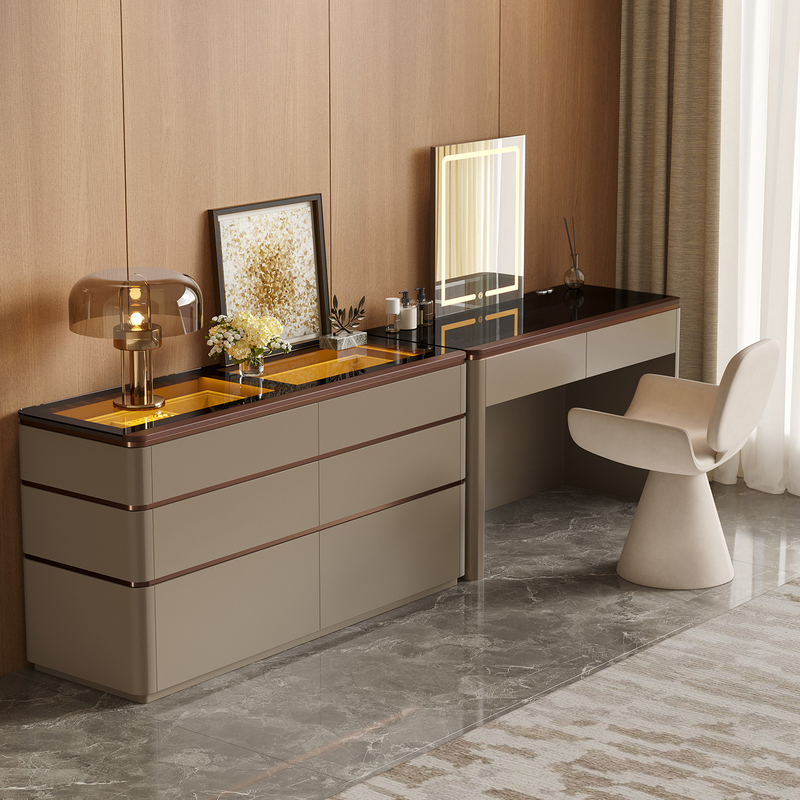 Simple Modern Style Light Luxury Solid Wood Dressing Table with Lights and Automatic Lifting Mirror Khaki Gray Bedroom Storage Makeup Table