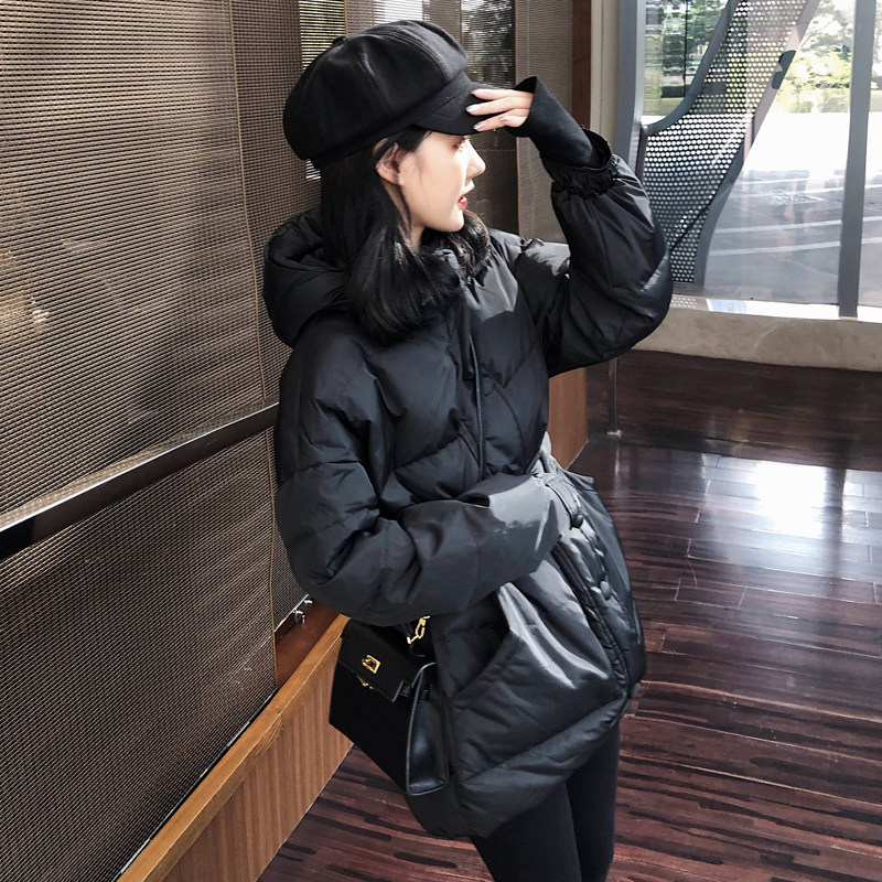 sandro moskoloni black lian hat down jacket woman mid-length version Korean version light thin bread to collect waist cotton clothes