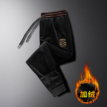 Tide brand embroidered gold velvet mens pants plus velvet thickened loose corduroy sports pants elastic waist casual leg pants