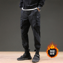 Tide brand big pocket overalls mens casual leg trousers plus velvet leggings Korean version of the trend loose Haren pants