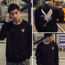 Tide brand Chinese wind crane clothes men autumn and winter plus velvet padded round neck long sleeve Korean loose trend pullover top