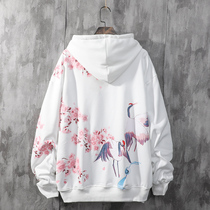 Tide card Chinese wind lovers autumn and winter even cap sweatshirt masculine gush with loose national tide cherry blossom pink fairy crane blouses