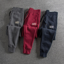 American style autumn and winter plus velvet warm slim tie pants Joker men embroidery Tide brand drawstring sports leisure pants