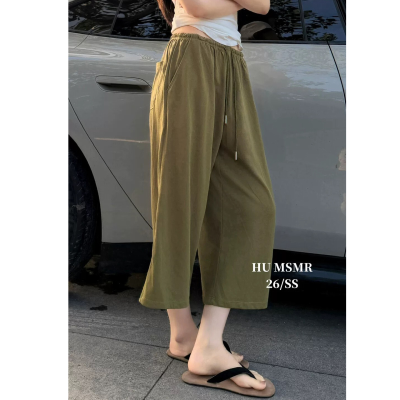 Summer Humsmr Simple and Versatile Comfortable Solid Color Three-Quarter Straight-Leg Casual Pants T5162