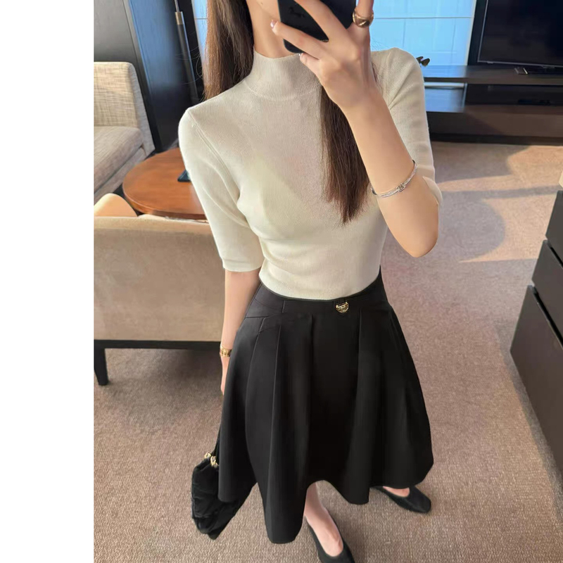 Autumn New Style Ease 100% Wool High-Neck Mid-Sleeve Slim-Fit Regular-Shoulder Slimming Knit Sweater E26B8009