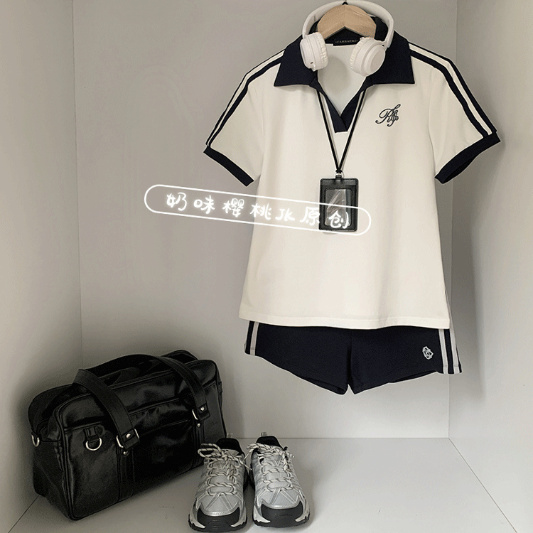 Blue and White Gymnastics Suit for Women 2026 New Summer Style Color-Blocked Short-Sleeved Polo Shirt and Sweatpants College Style Uniform