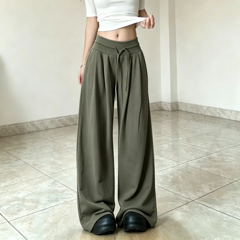 180cm Tall, 175cm Extra-Long Korean Style Green Sports Casual Pants for Women, Slightly Elastic, High-Waisted, Slimming, Loose Wide-Leg Sweatpants