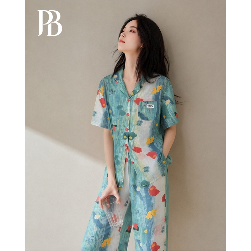 Pimai [Color-Contrasting Oil Painting Flowers] Women's Pajamas Summer Lyocell Short-Sleeved Long Pants Cool Tencel Cotton Home Wear