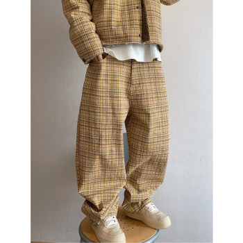Dannyandzee Spring Vintage Washed Biscuit Color Khaki Plaid Canvas Scimitar Pants Men's Cargo Pants ins