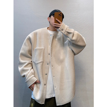 Dannyandzee Spring Vintage Versatile Solid Color Lamb Wool Fleece-Lined Collarless Shirt-Style Thick Jacket for Men