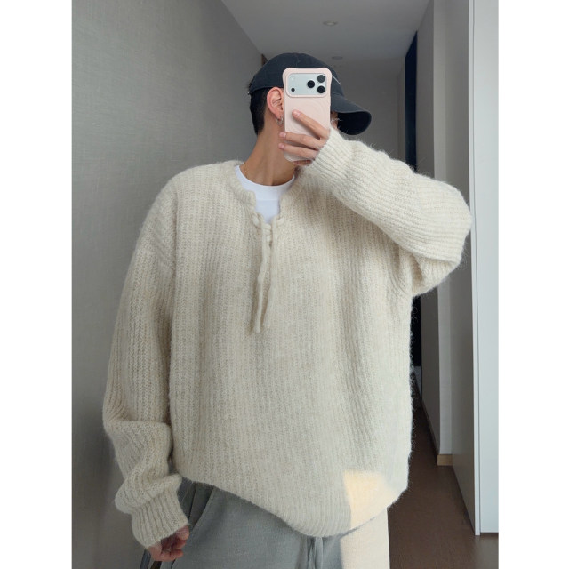 Dannyandzee spring retro all-match solid color brushed drawstring design round neck pullover sweater for male couples