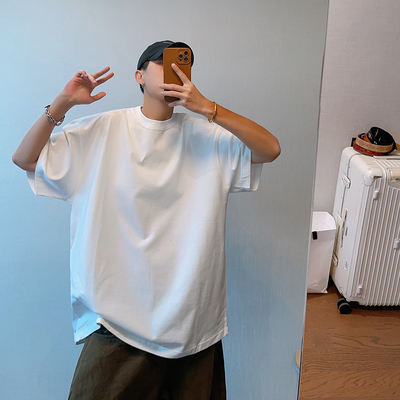 dannyandzee Autumn Versatile Retro 310-gram heavy cotton solid color off-the-shoulder short-sleeved T-shirt Men's half-sleeved T-shirt