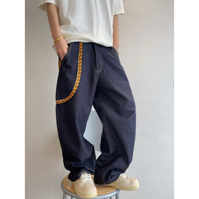 Dannyandzee spring retro all-match navy blue raw cow color tiger stripe web jeans men's scimitar pants INS