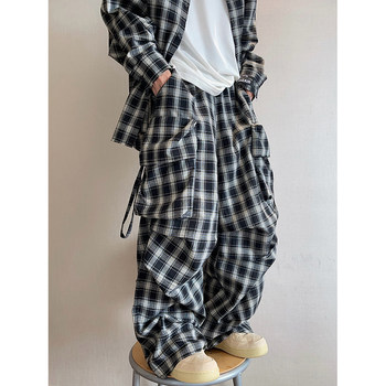 Dannyandzee Spring Vintage Versatile Loose Large Pocket Black and White Plaid Pants Men's Floor-Length Pants
