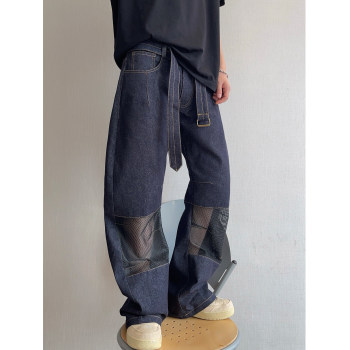 Dannyandzee Spring and Summer Retro Denim Patchwork Mesh Low-Waist Scimitar Pants with Ribbons Men's Long Jeans ins