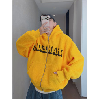 Dannyandzee Winter Retro Thickened Double-Sided Fleece Warm Hooded Zipper Letter Sweatshirt Jacket for Men ins