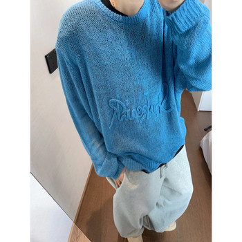 Dannyandzee Spring and Summer Retro Loose Three-Dimensional Letter Pattern Layered Semi-Transparent Hollow Thin Knit Sweater for Men