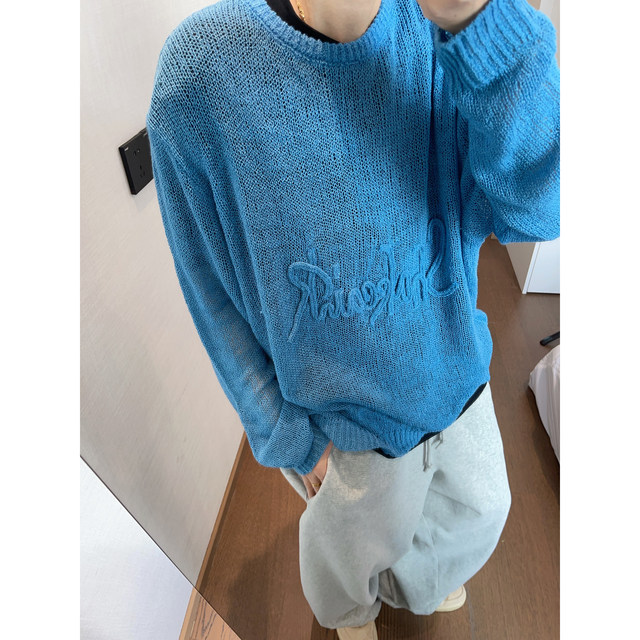 Dannyandzee spring and summer retro loose three-dimensional letter hook pattern stacked semi-transparent hollow thin sweater for men