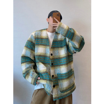 Dannyandzee Spring Vintage Layered Green Plaid Loose Plush-Feel V-Neck Woolen Jacket for Men