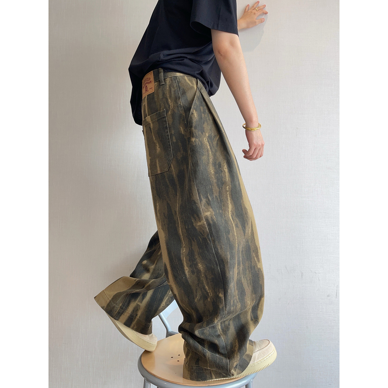 Dannyandzee Autumn Vintage Army Green Camouflage Tie-Dye Twill Canvas Wide-Leg Cargo Pants Men's Trousers ins