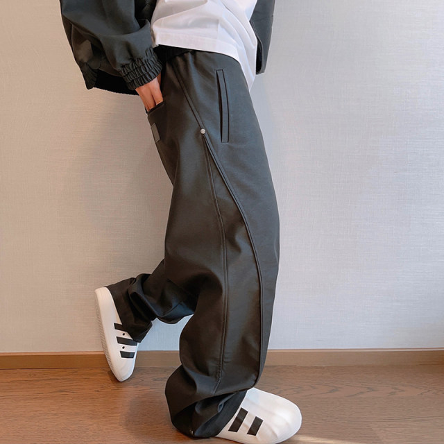 Matt black PU leather pants elastic waist men's straight pants