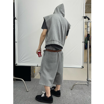 Dannyandzee Summer Retro Versatile Lazy Gray Sports Casual Cropped Pants Hooded Vest Set for Men