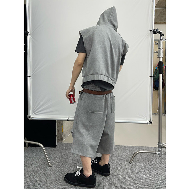 Dannyandzee summer retro versatile lazy gray sports casual cropped pants hooded vest suit for men