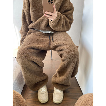 Dannyandzee Winter Warm Fleece-Lined Thick Cloud Velvet Solid Color Loose Elastic Waist Warm Sweatpants for Men ins