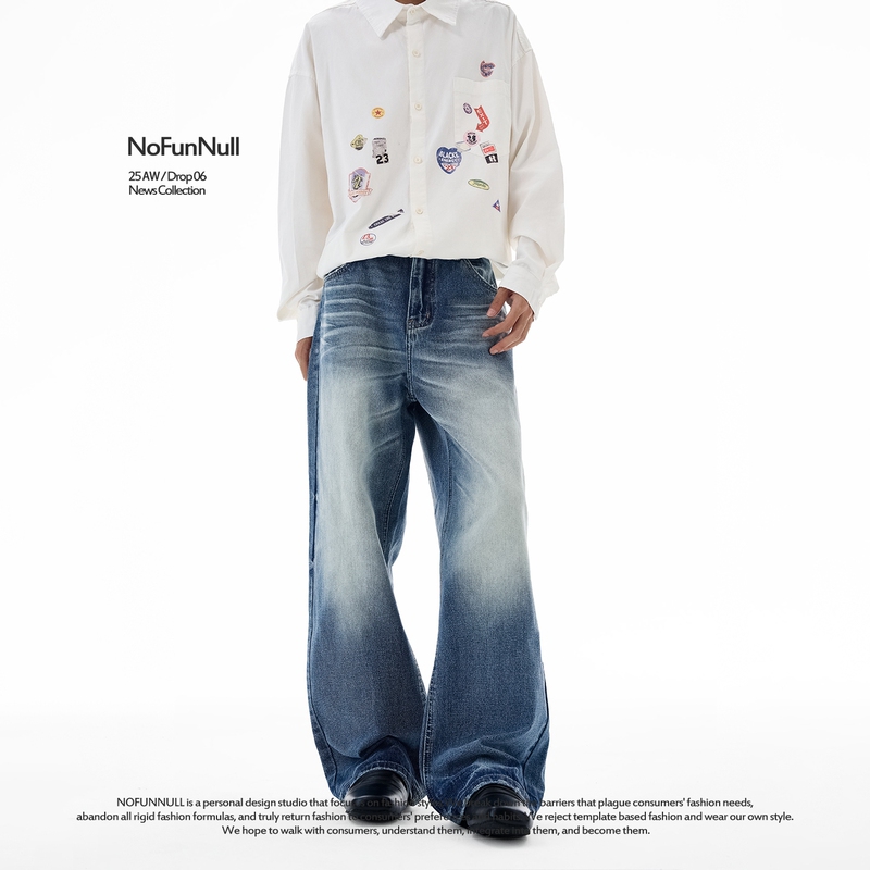 Nofunnull American Style Hand-Rubbed Three-Dimensional Whiskered Washed Denim Jeans for Men, Loose A-Line Wide-Leg Pants