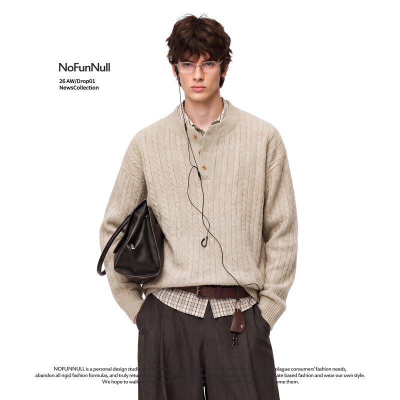 Nofunnull Sheep Wool Vertical Stripe Sweater with a Soft and Cozy Feel, Cable Knit, Unisex, Old Money Style, Henry Collar Top for Winter