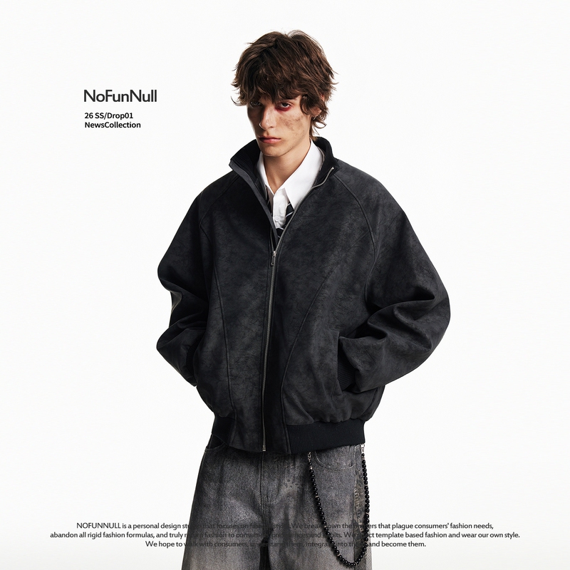 Nofunnull American Retro Casual Pu Leather Jacket Spring Unisex Structured Biker Top Loose Coat