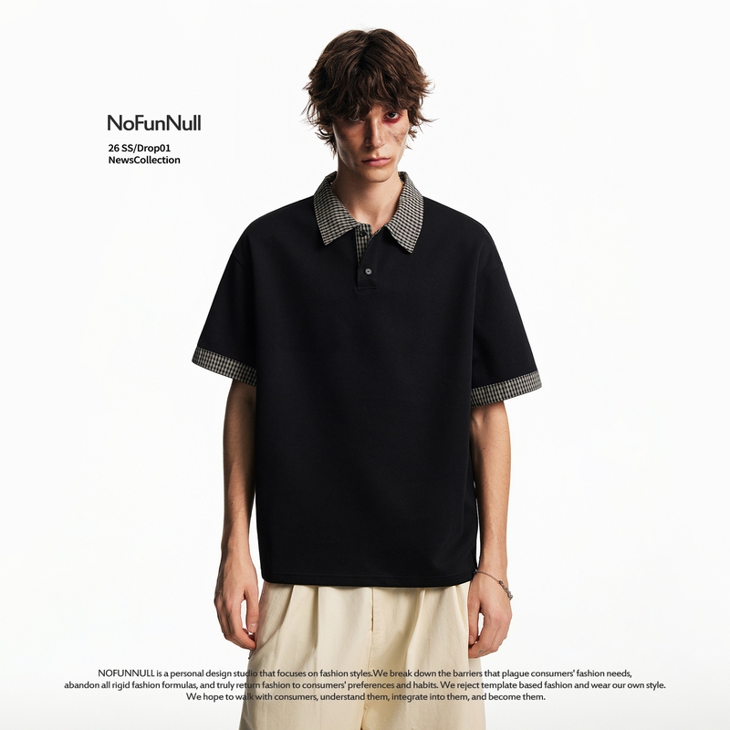Nofunnull Fake Two-Piece Plaid Patchwork Lapel Short-Sleeve T-Shirt for Men and Women, Spring and Summer College Style American High-Quality Polo Shirt