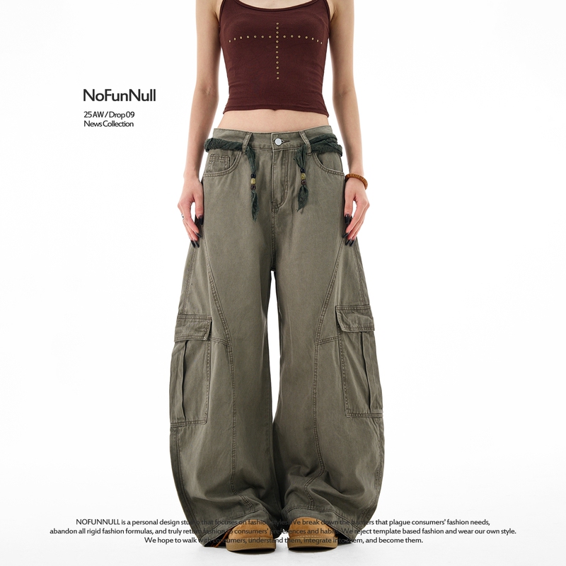 Nofunnull American Vibe Large Pocket Structured Scimitar Jeans Unisex Autumn Loose Design Work Pants Nofunnull American Vibe Large Pocket Structured Scimitar Jeans Unisex Autumn Loose Design Work Pants