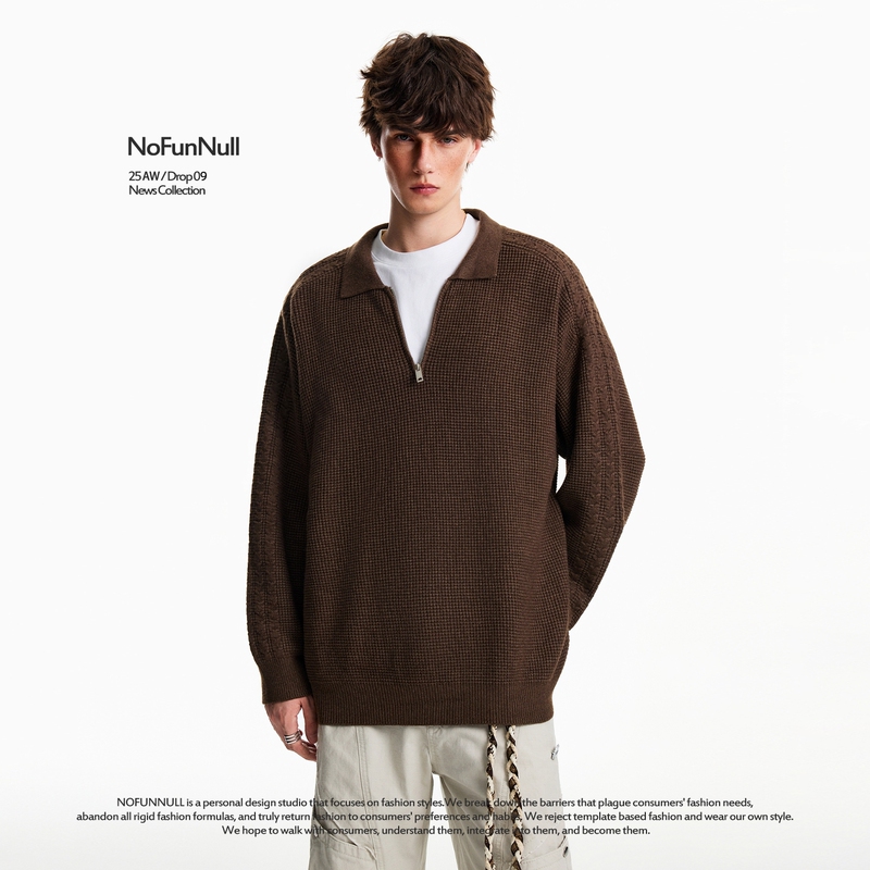 Nofunnull American Style Half-Zip Waffle Pullover Sweater for Men and Women, Autumn and Winter Lazy Style Polo Collar Knitwear