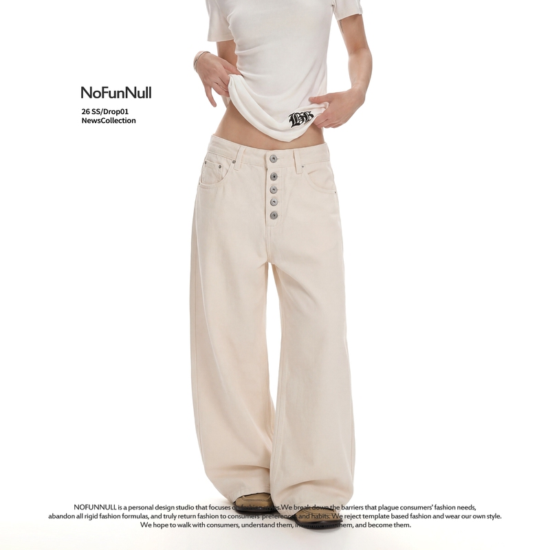 Nofunnull American Retro Washed Pure Denim Jeans for Summer, Unisex Design with Buttoned Straight-Leg Drape Effect Long Pants