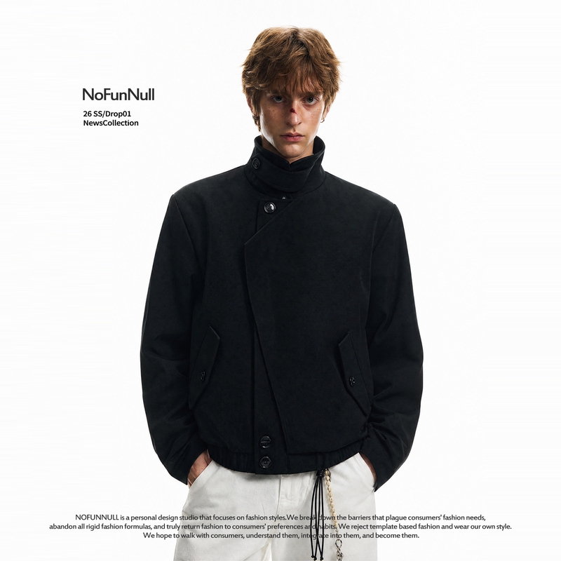 Nofunnull Design-Inspired Deconstructed Placket Jacket, Autumn Unisex Short Loose Silhouette Stand Collar Coat