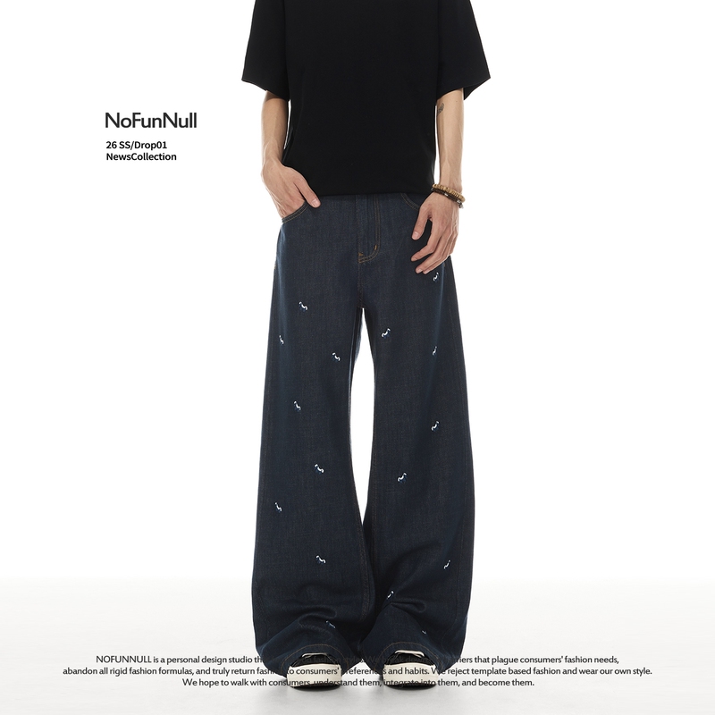 Nofunnull American Retro Lyocell Pony Embroidery Jeans Unisex Spring Original Blue Wide-Leg Pants