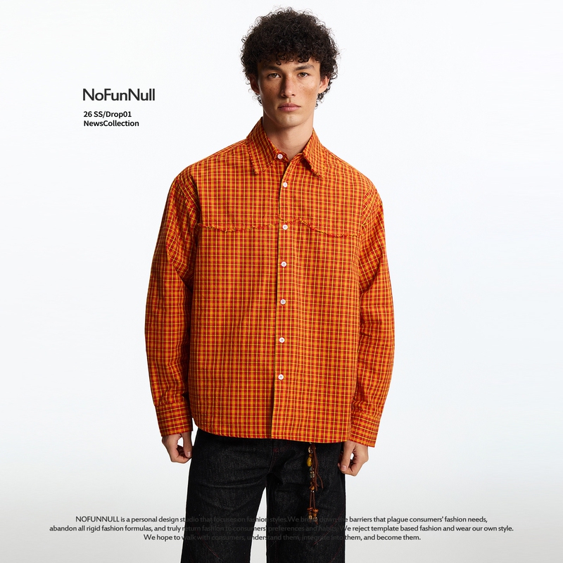 Nofunnull American Retro Frayed Dopamine Plaid Long-Sleeved Shirt Spring Loose Casual Shirt for Men and Women