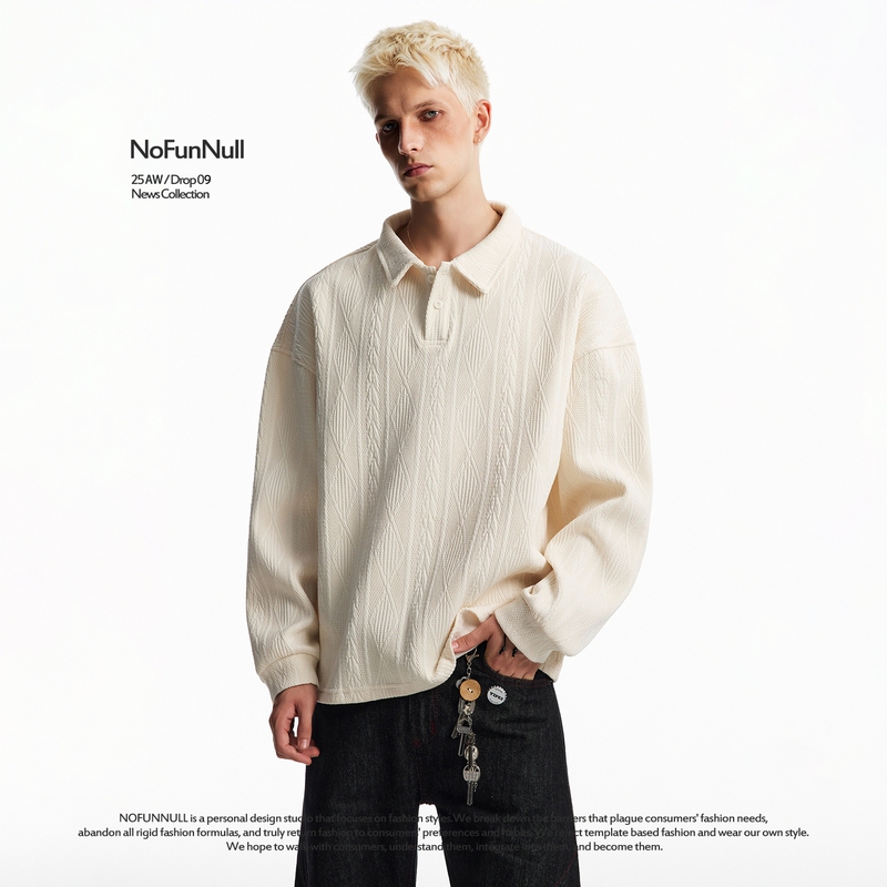 Nofunnull350G Autumn Old Money Style Textured Knit Top Men's Wheat Spike Jacquard Polo Collar Long Sleeve T-Shirt Nofunnull350G Autumn Old Money Style Textured Knit Top Men's Wheat Spike Jacquard Polo Collar Long Sleeve T-Shirt