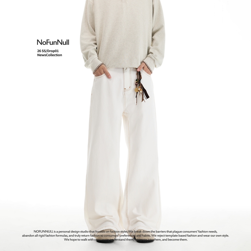 Nofunnull American-Style Cleanfit White Raw Denim Jeans Spring Unisex Pure Cotton Loose Straight Pants Trendy